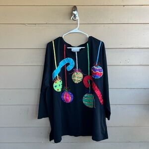 Vintage Christmas Long Sleeve Top with Embroidered Ornaments Size 22/24